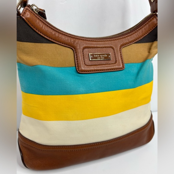 Kate Spade Retro Stripe Yellow Teal Spring Nautical Coastal Beach Hobo Handbag - Picture 16 of 16